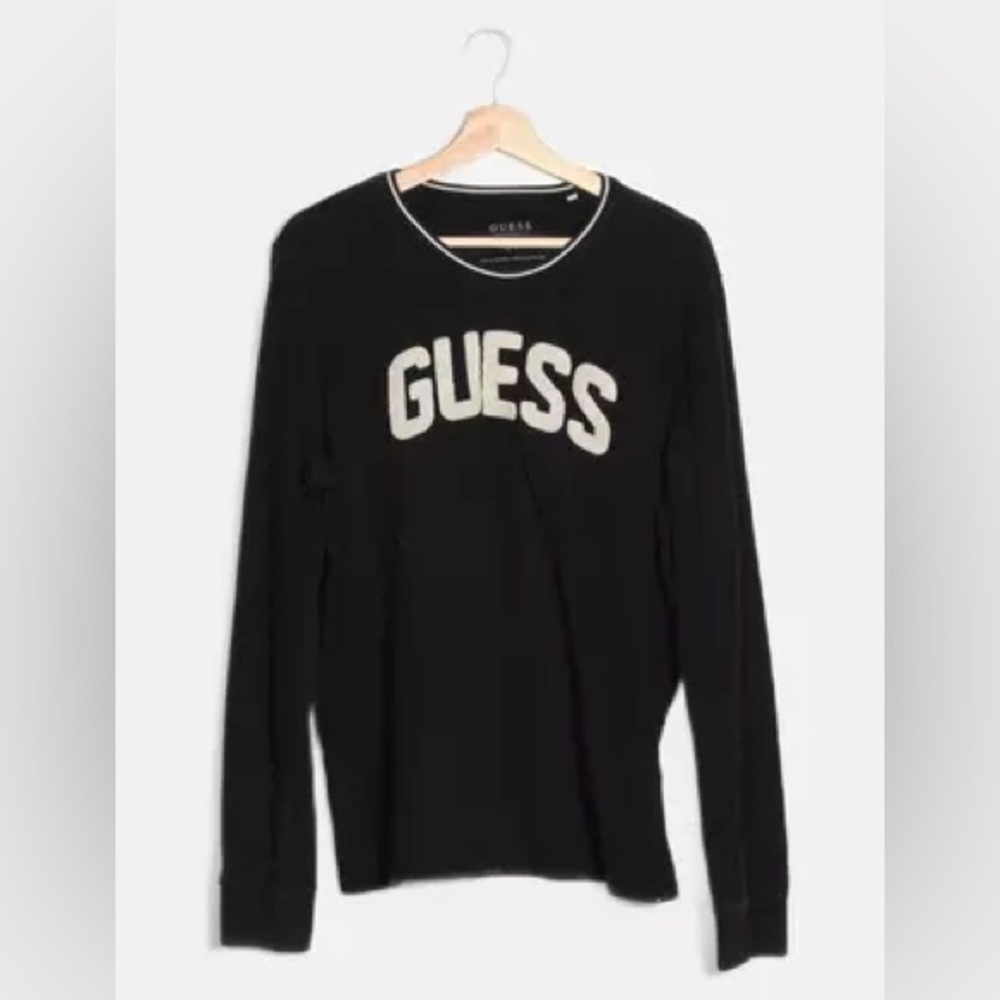 GUESS Black and White Embroidered Logo Long Sleeve Tee